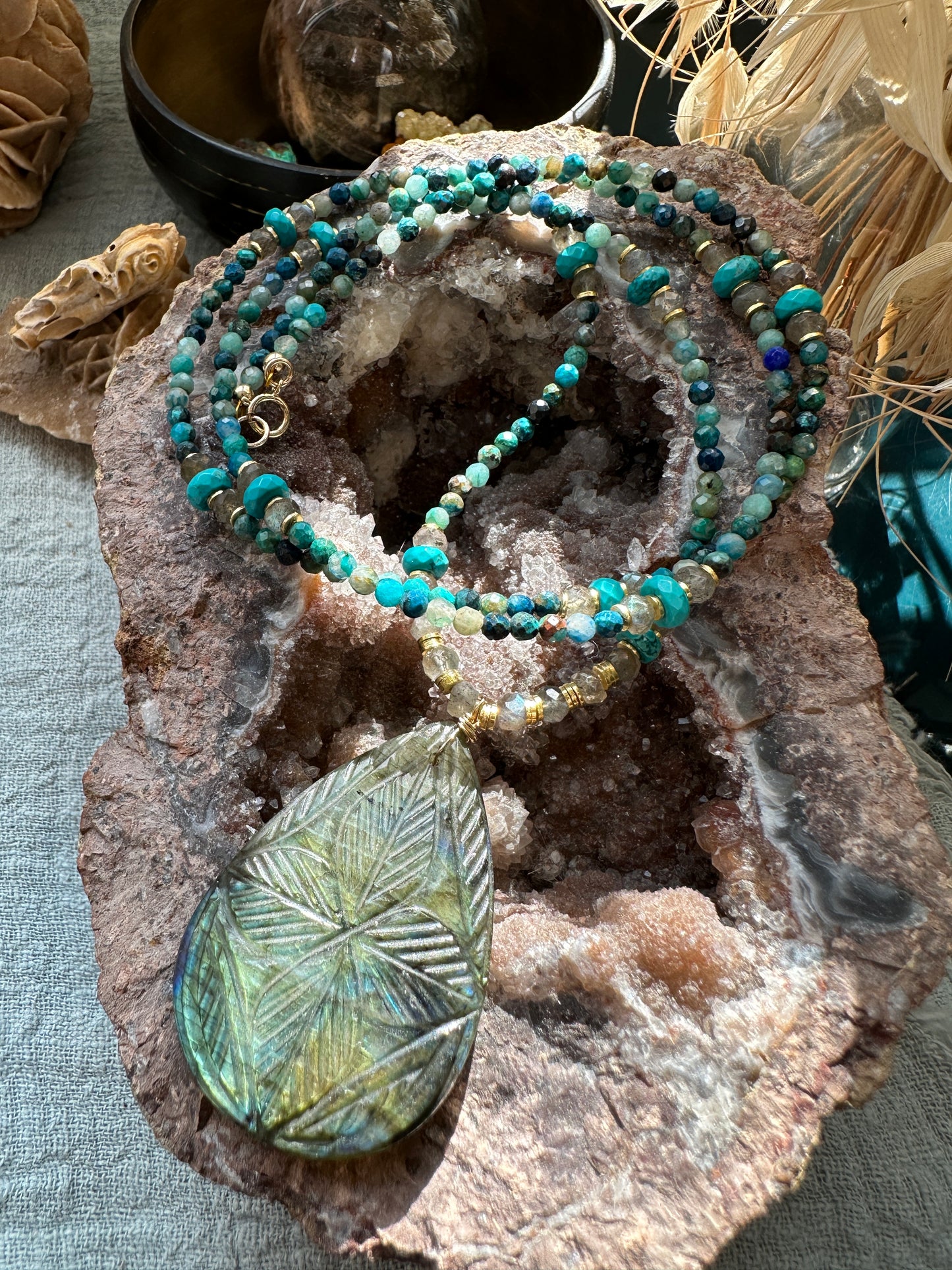 Collection RAKSA Labradorite, Turquoises et Chrysocolles.