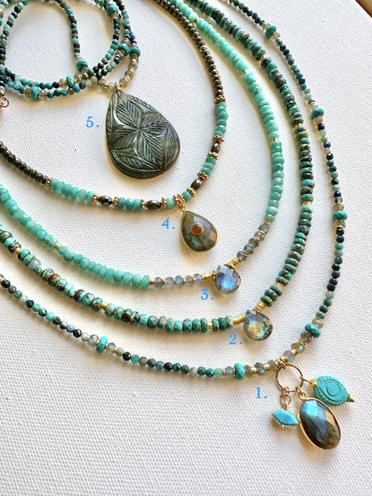 Collection RAKSA Labradorite, Turquoises et Chrysocolles.